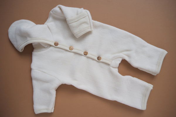 Baby Overall with fold-over feet and mittens -  Wool & Organic Cotton Fleece - Natural -0/3m & 3/6m - By Cosilana