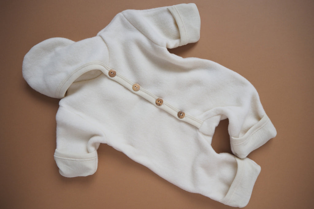 Baby Overall with fold-over feet and mittens -  Wool & Organic Cotton Fleece - Natural -0/3m & 3/6m - By Cosilana