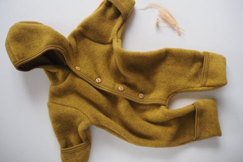 Baby suit with fold-over feet and mittens - Organic Merino Wool Fleece - Saffron Melange -0/3m to 6/12m - By Engel