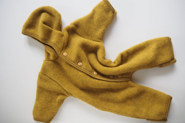 Baby suit with fold-over feet and mittens - Organic Merino Wool Fleece - Saffron Melange -0/3m to 6/12m - By Engel