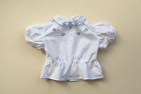 White blouse with openworks and blue flowers embroidery - 6m